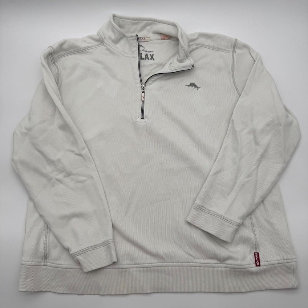 Tommy Bahama Relax Mens XXL White Ribbed 1/4 Zip Cotton Pullover Sweater‎